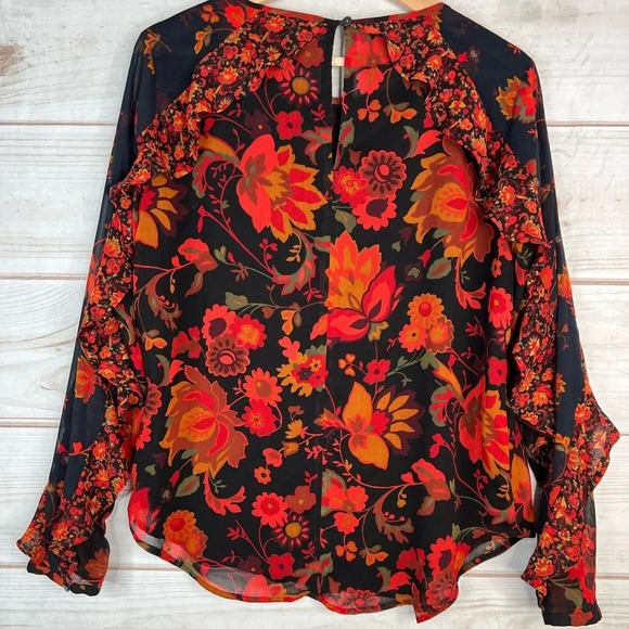 LOFT Floral Print Long Sleeve Semi Sheer Ruffle Top Size Small Blue Red - Picture 3 of 14